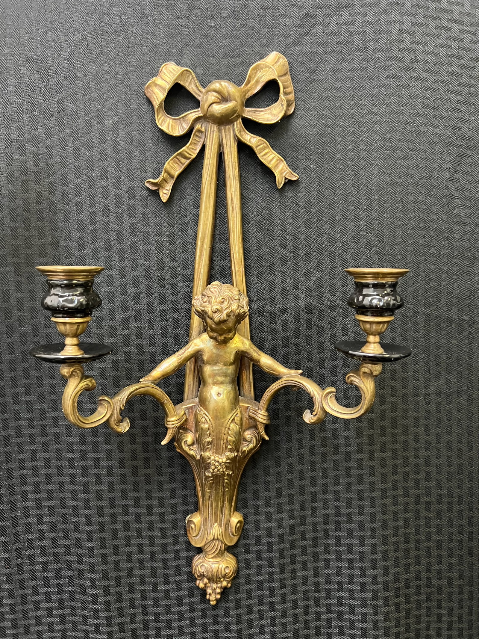 Pair of Vintage Brass Cherub Double Candle Sconces - 5