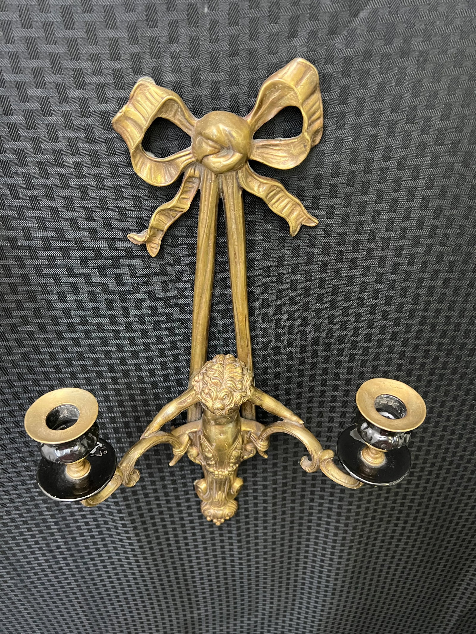 Pair of Vintage Brass Cherub Double Candle Sconces - 6
