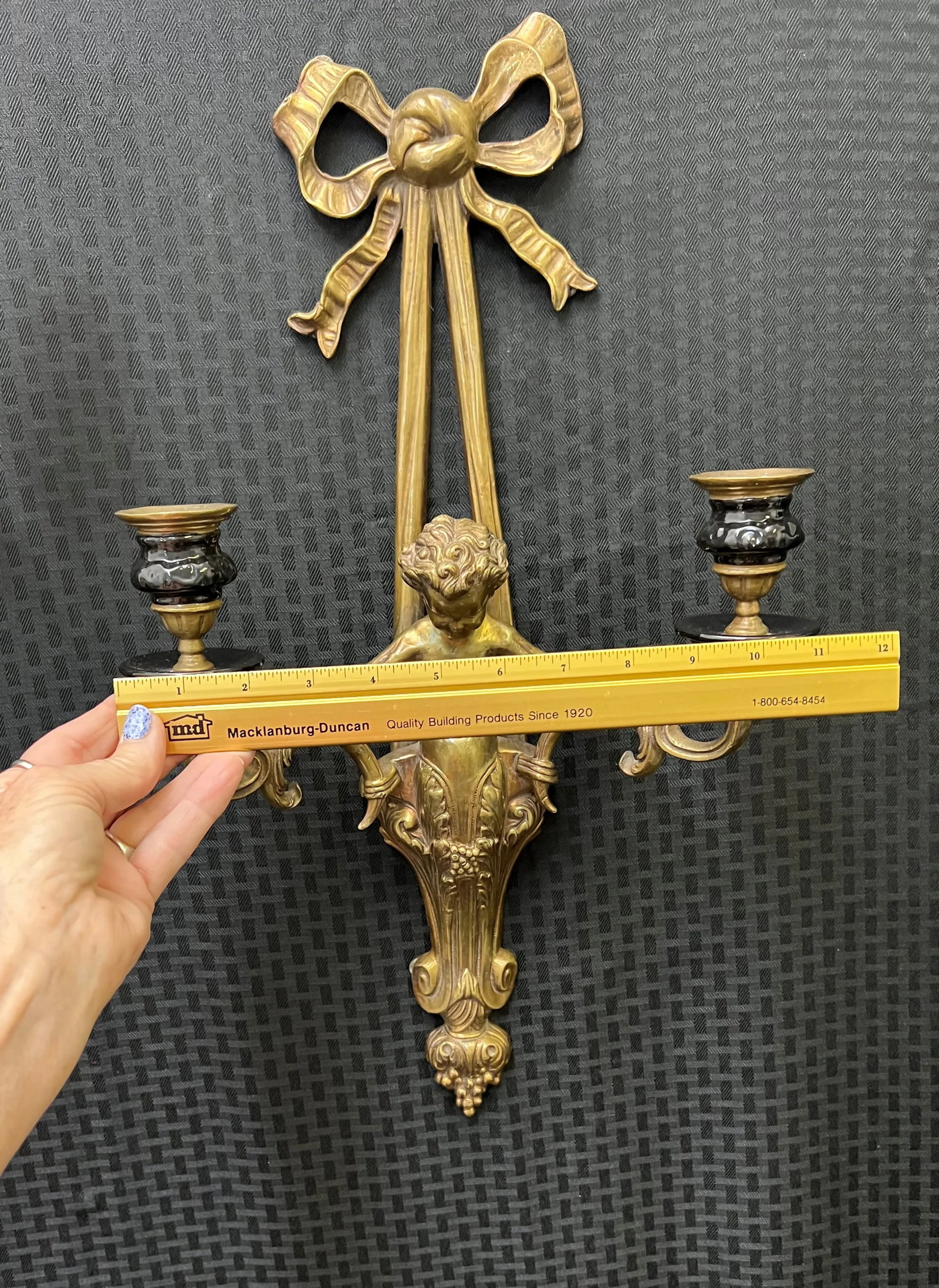 Pair of Vintage Brass Cherub Double Candle Sconces - 7