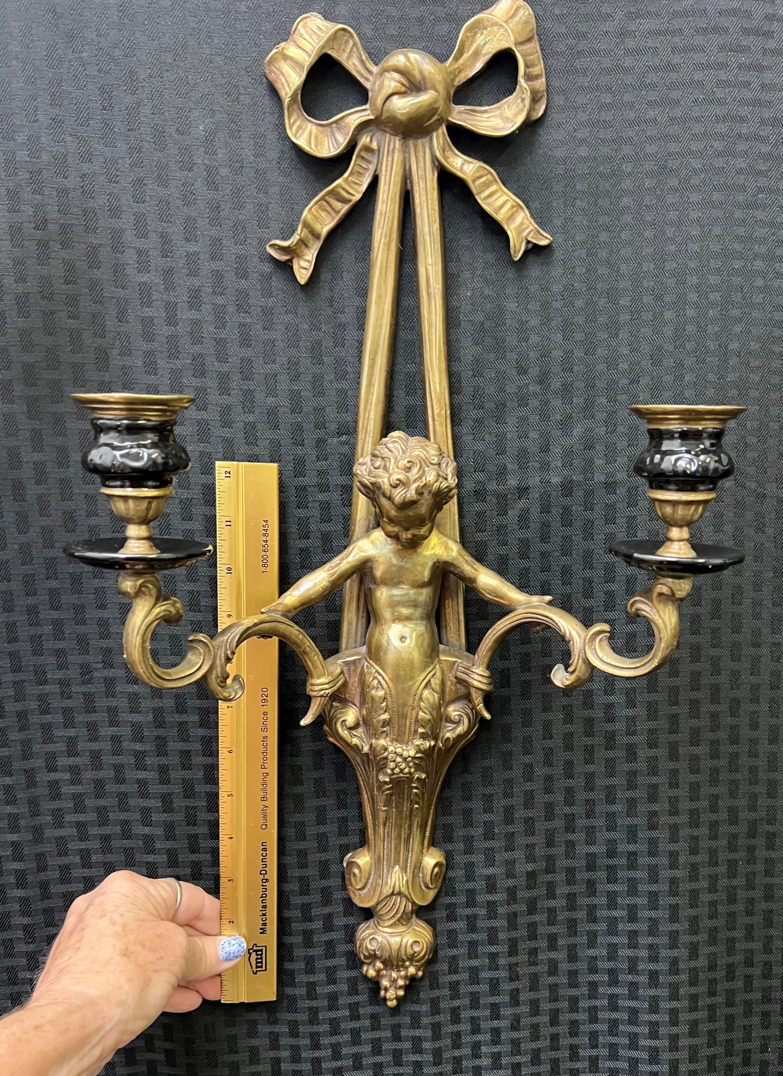 Pair of Vintage Brass Cherub Double Candle Sconces - 8
