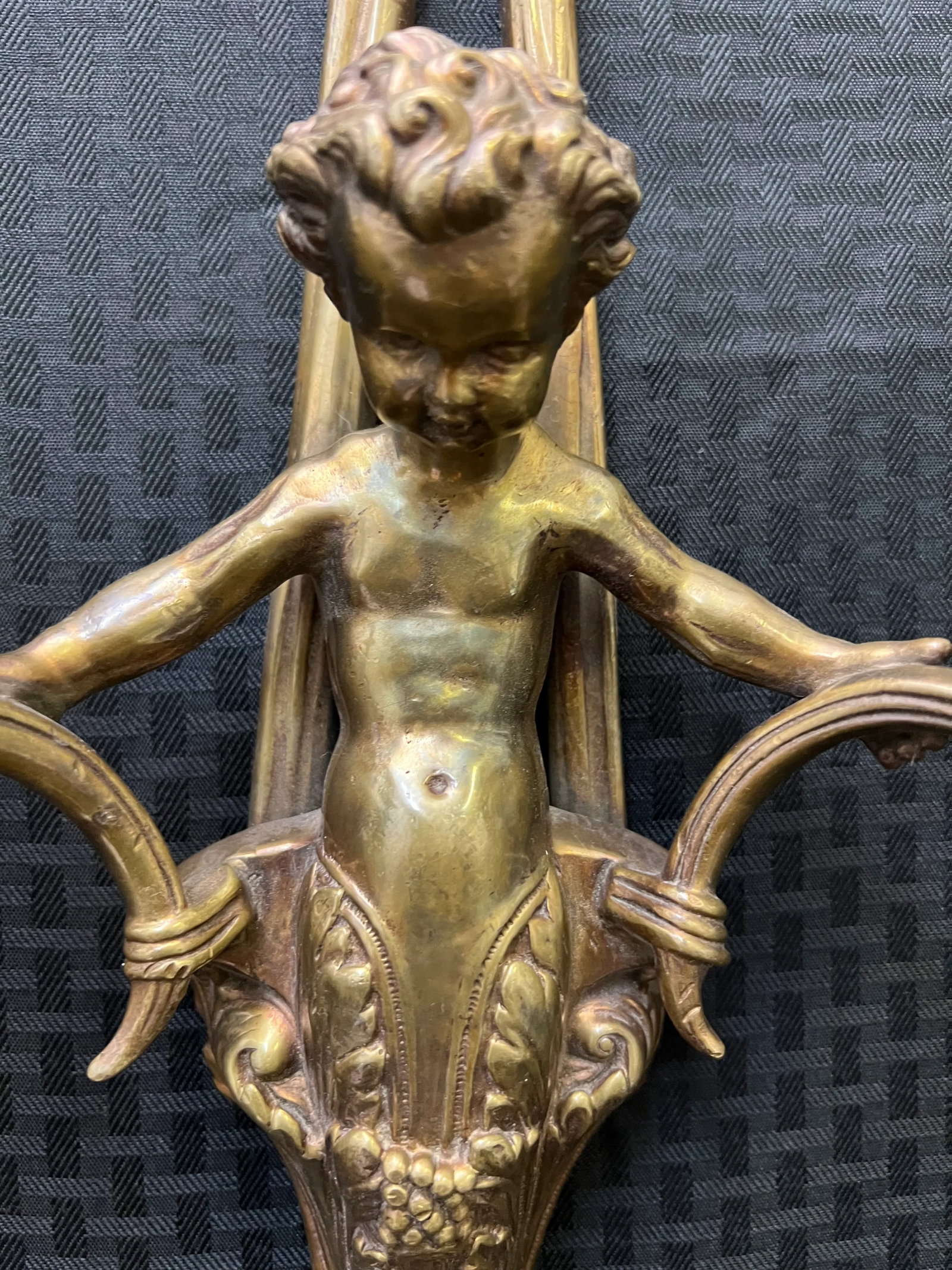 Pair of Vintage Brass Cherub Double Candle Sconces - 9