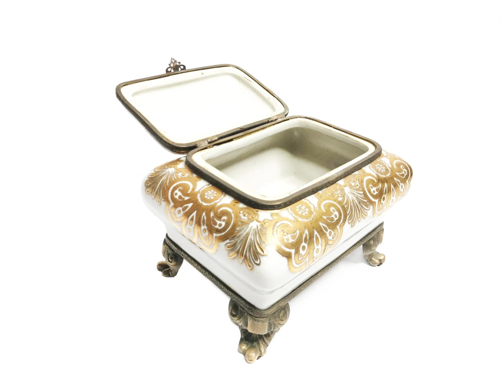 Vintage Mid Century Brass Footed Porcelain Hand Painted Jewelry Box - 2