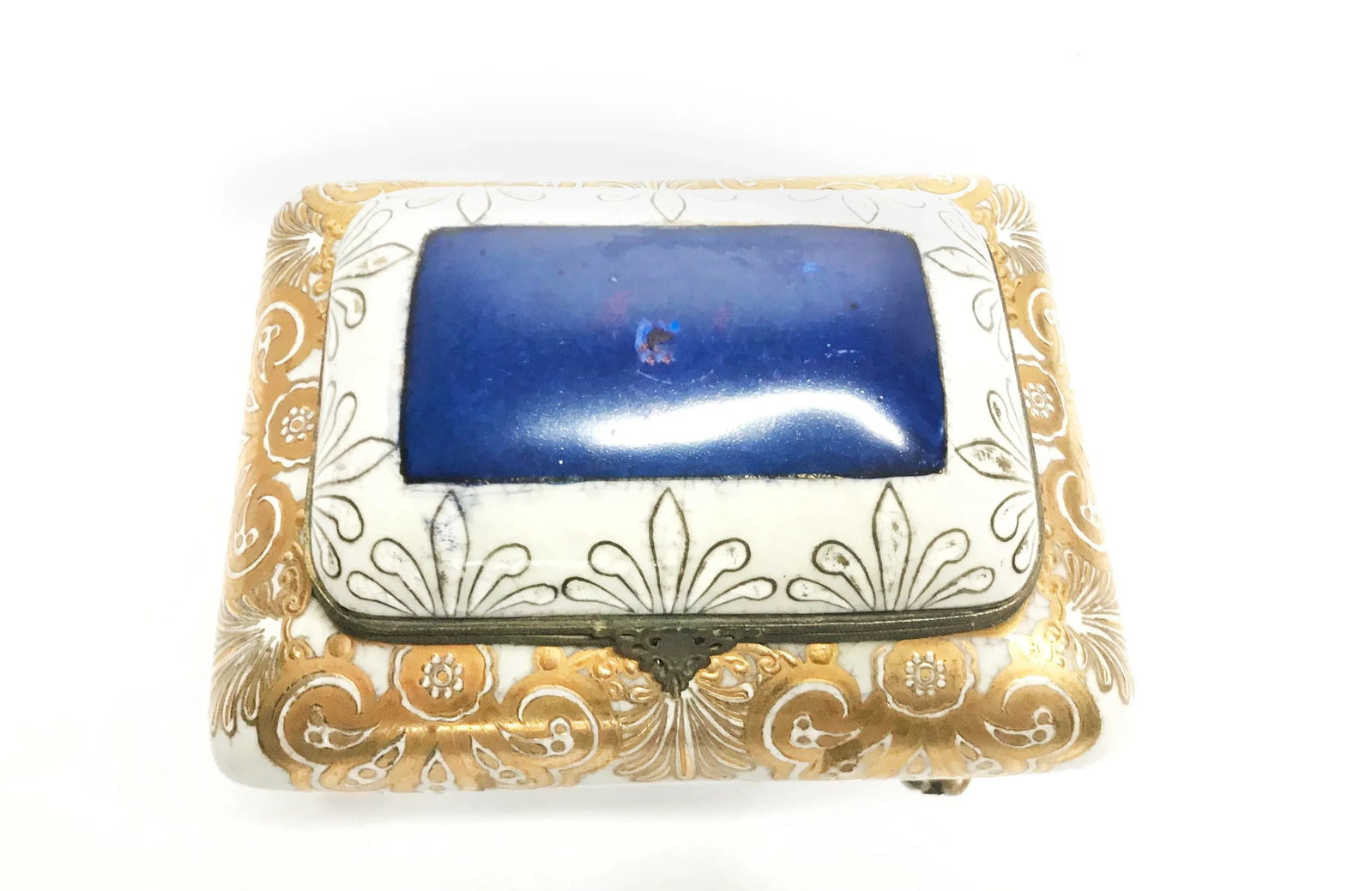 Vintage Mid Century Brass Footed Porcelain Hand Painted Jewelry Box - 3