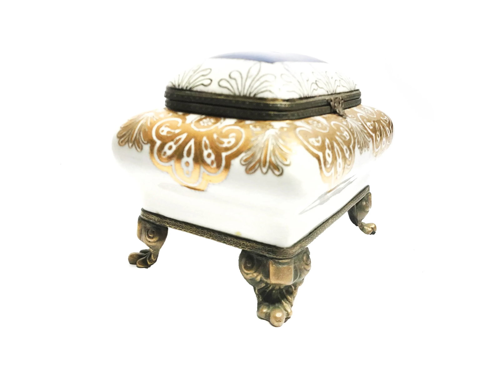 Vintage Mid Century Brass Footed Porcelain Hand Painted Jewelry Box - 4