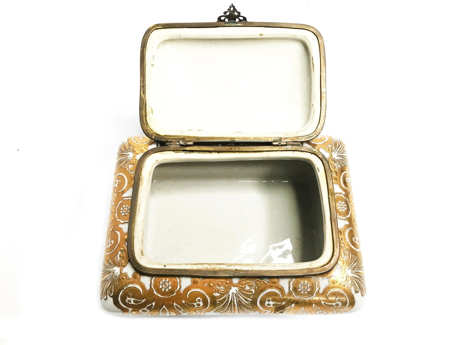 Vintage Mid Century Brass Footed Porcelain Hand Painted Jewelry Box - 5