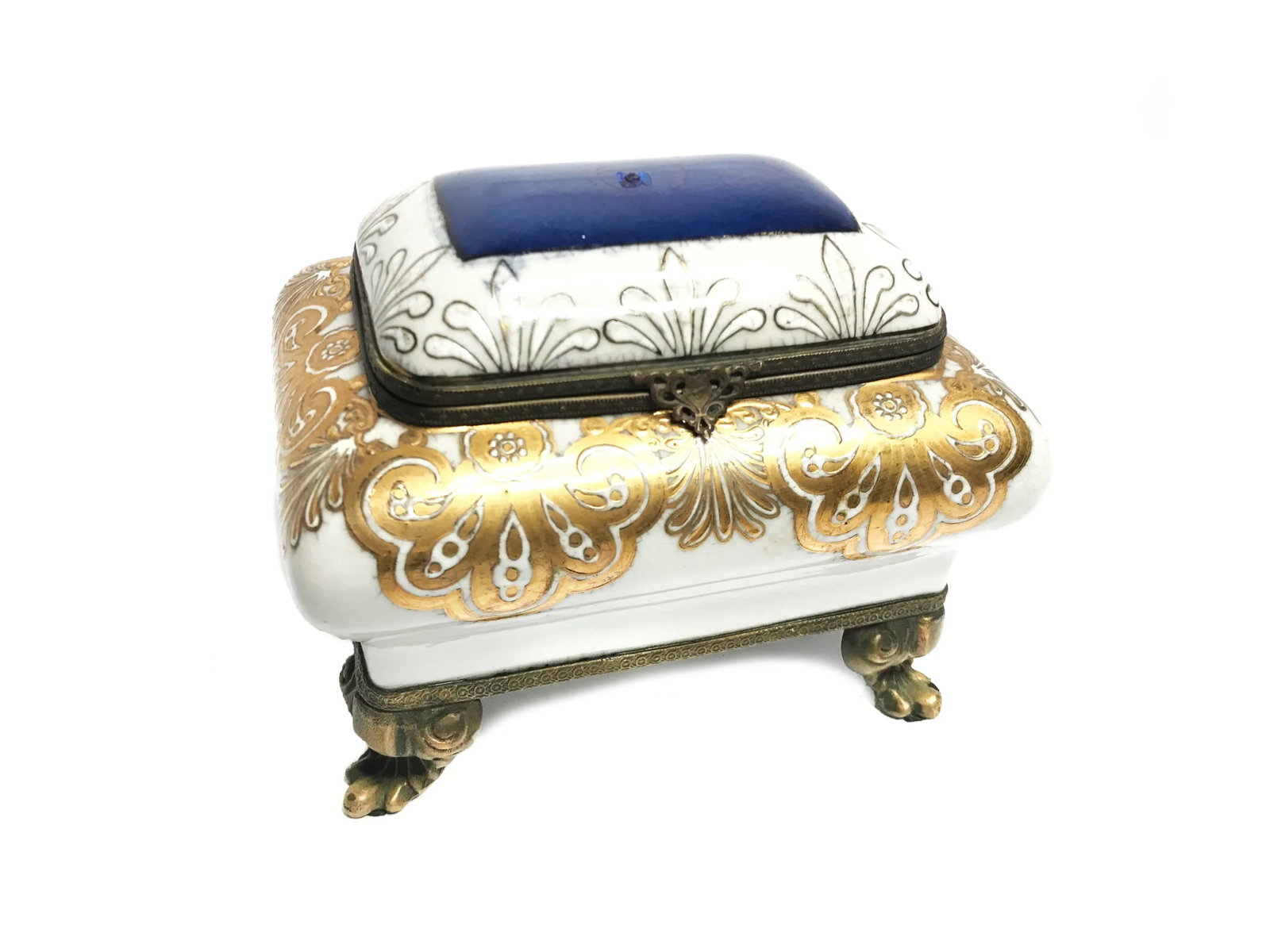Vintage Mid Century Brass Footed Porcelain Hand Painted Jewelry Box - 7