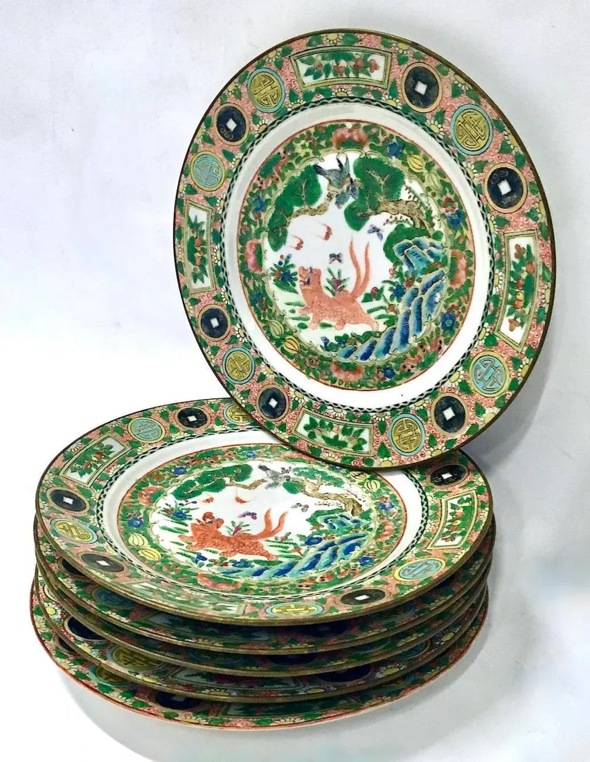 Antique Chinese Famille Rose Dinner Plates,S/6 - 2