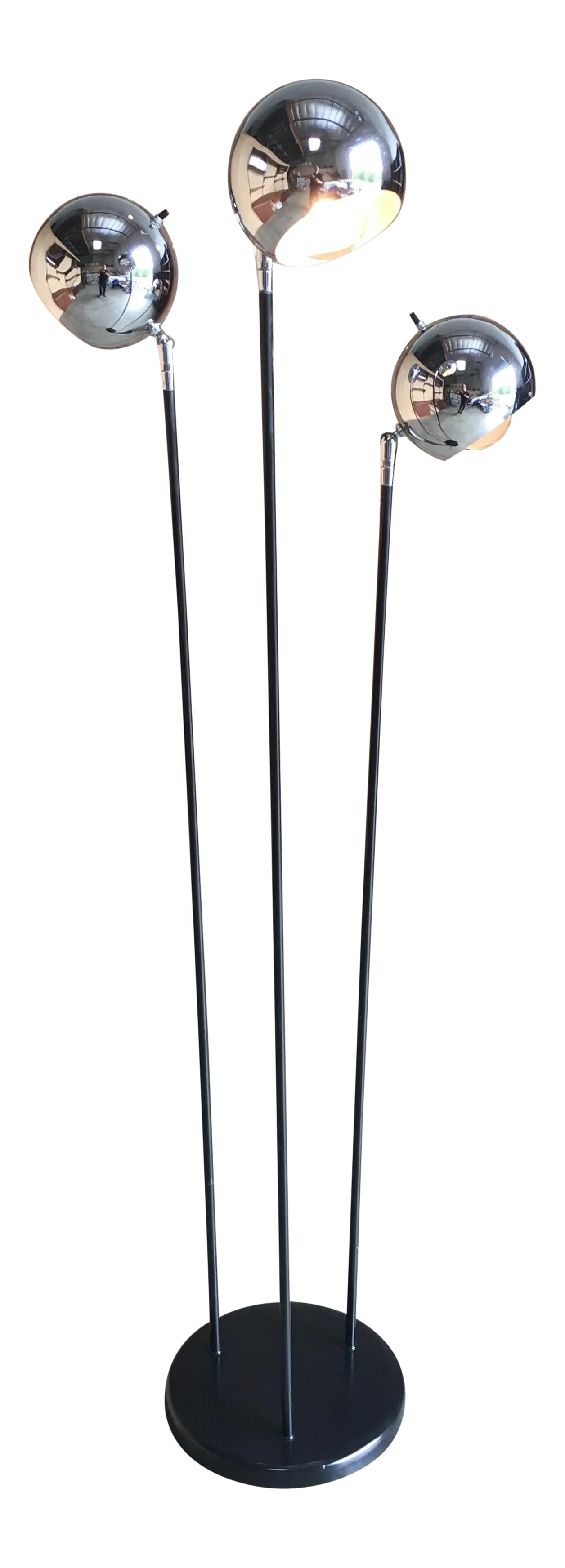 Mid 20th Century Chrome Globe Floor Lamp Attributed to Raymor: Black painted base and arms leading to three chrome globes that are adjustable. not signed please do your own research online. Condition: Alterations: Original Condition Unaltered Imperfections: Some