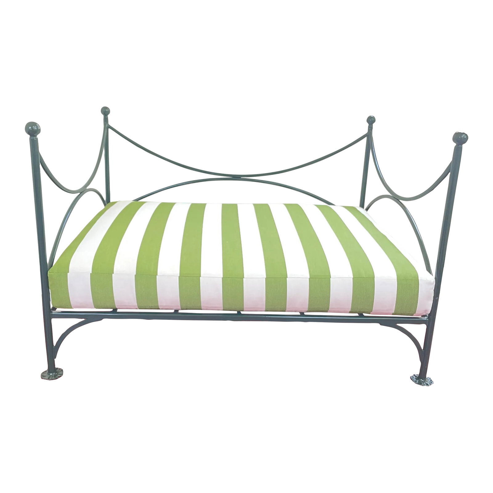 1960s Vintage Metal Dog Bed With Removable Sunbrella Cushion: Vintage Italian metal dog bed with scalloped feet. In excellent condition, newly powder coated in dark forest green. Includes new medium density 4" foam cushion covered in Sunbrella Maxim performance