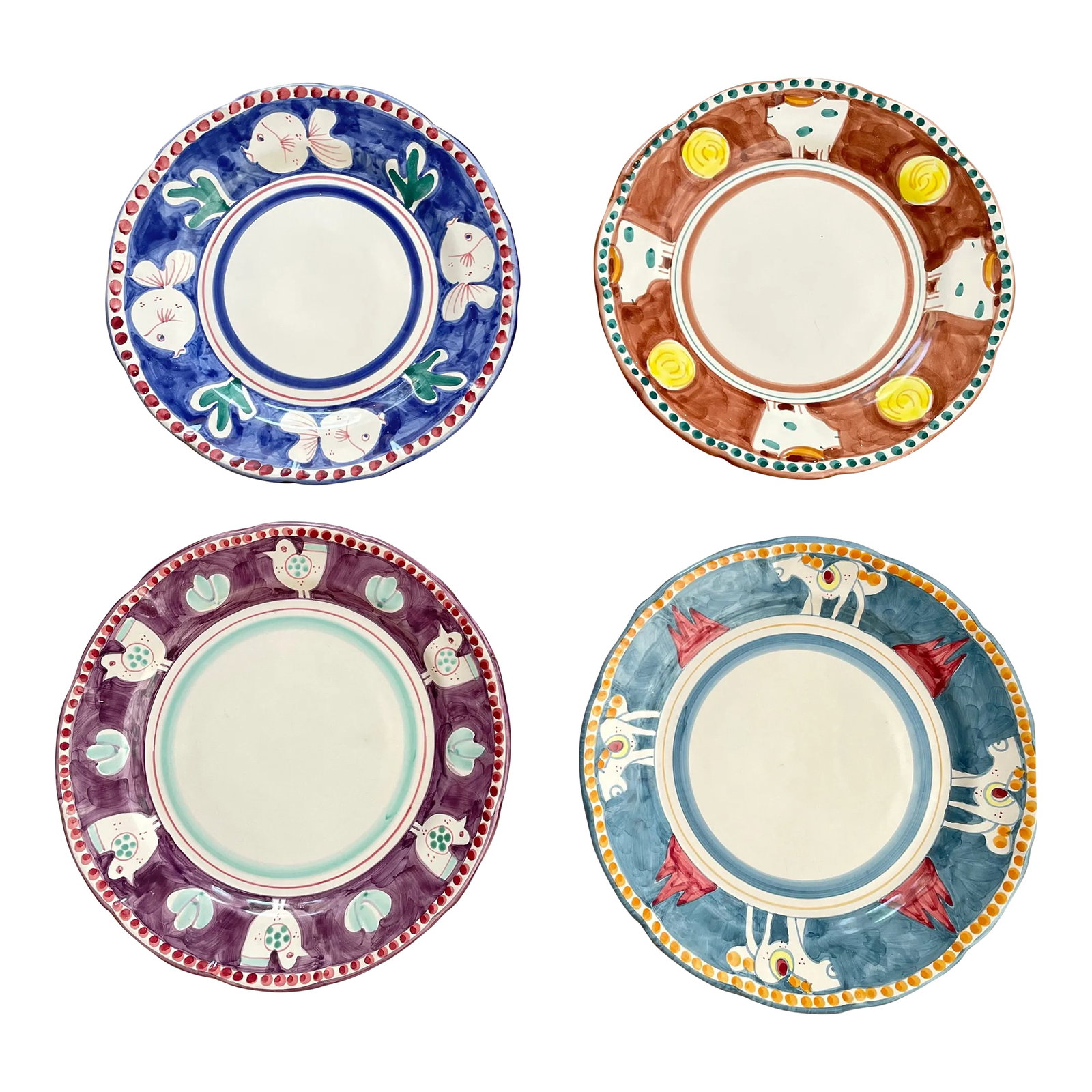 Vintage Vietri Campagna Large Ceramic Serving Platters- Set of 4: Set of 4 Vietri hand-painted serving platters in fantastic joyful colors. Purple, light blue, cobalt and brown colors with animal pattern. Contrasting hand-painted dots circle each rim. Add a splash