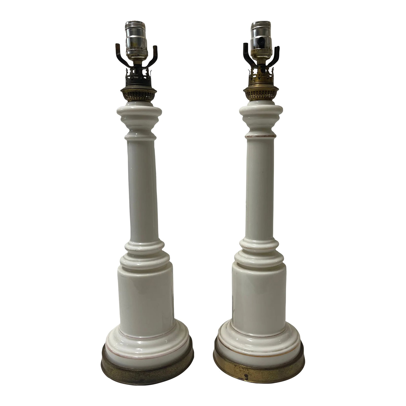 Pair of 1960s White Glass Column Lamps: These are a great pair of vintage white glass lamps. They are newly rewired. Made in the 1960s. Condition: Alterations: Original Condition Unaltered Imperfections: Some Imperfections Condition Notes: