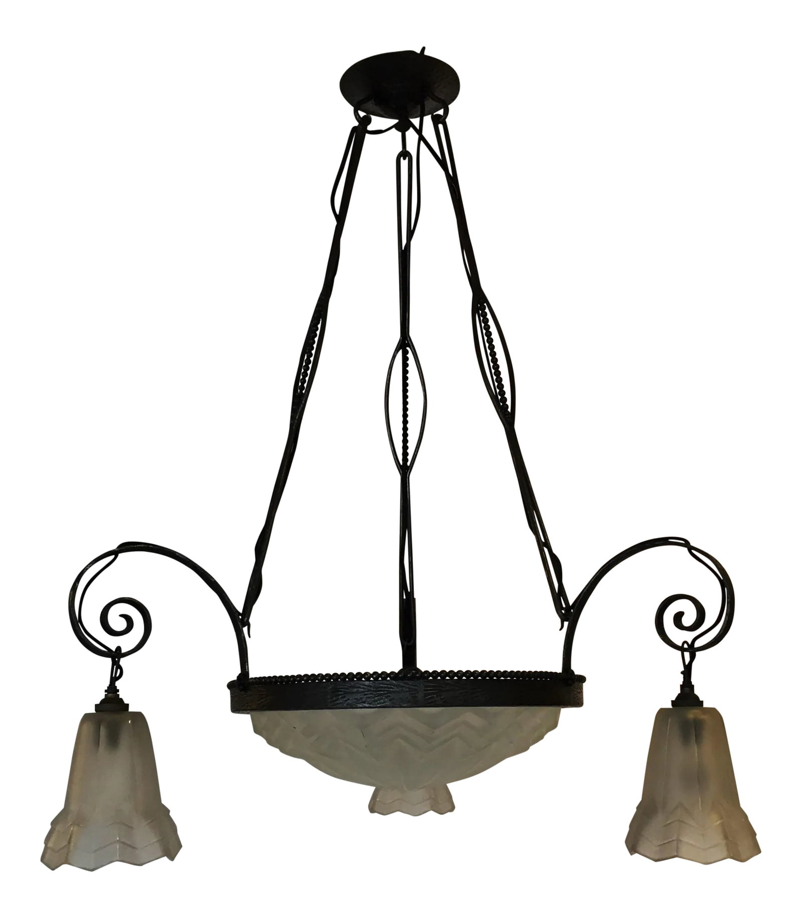 Degue French Art Deco Wrought Iron Chandelier: A French Wrought Iron & Glass Four-Light Chandelier by Degue Signed "Degue" on the glass components Circa 1930 Very Good Condition; rewiring suggested Local Delivery Available Condition: Condition