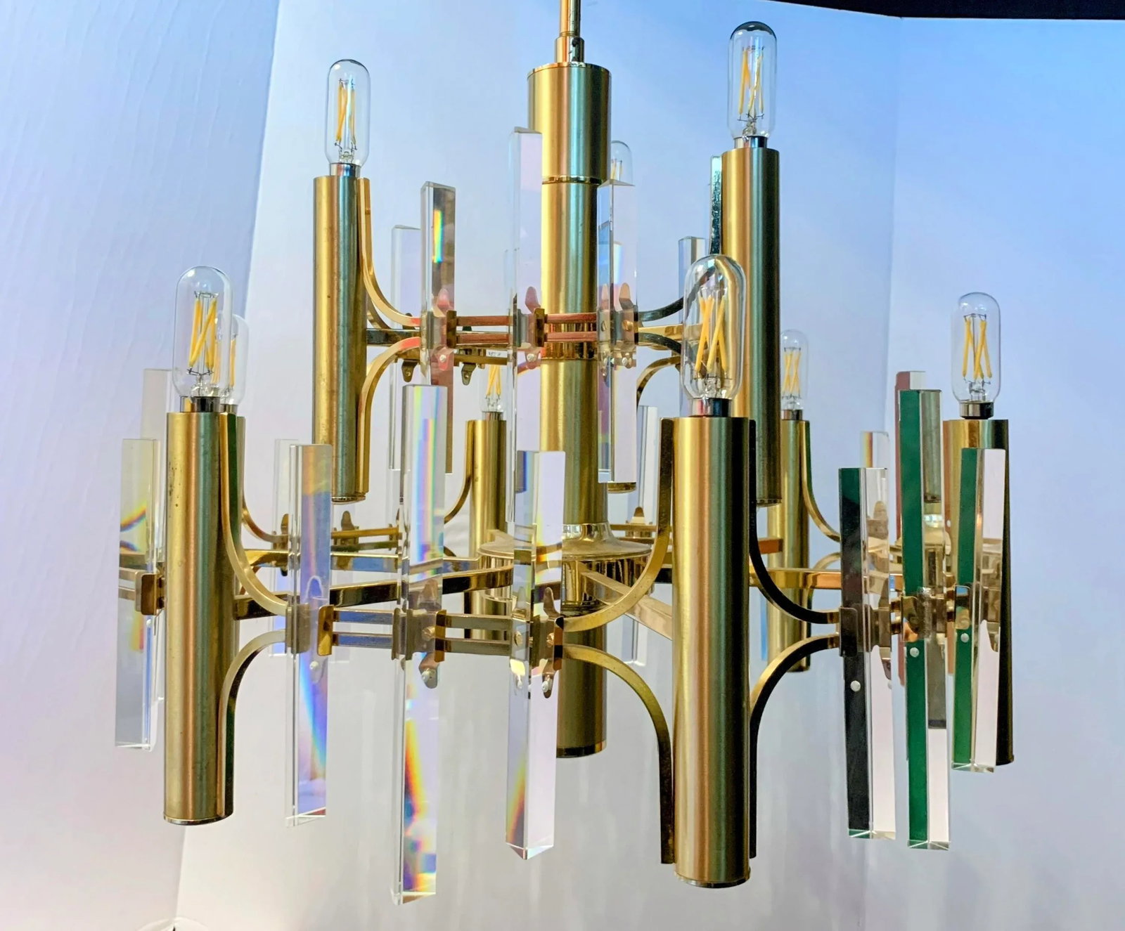 1970s Italian 9-Light Brass and Crystal Prism Chandelier Attributed to Gaetano Sciolari - 13