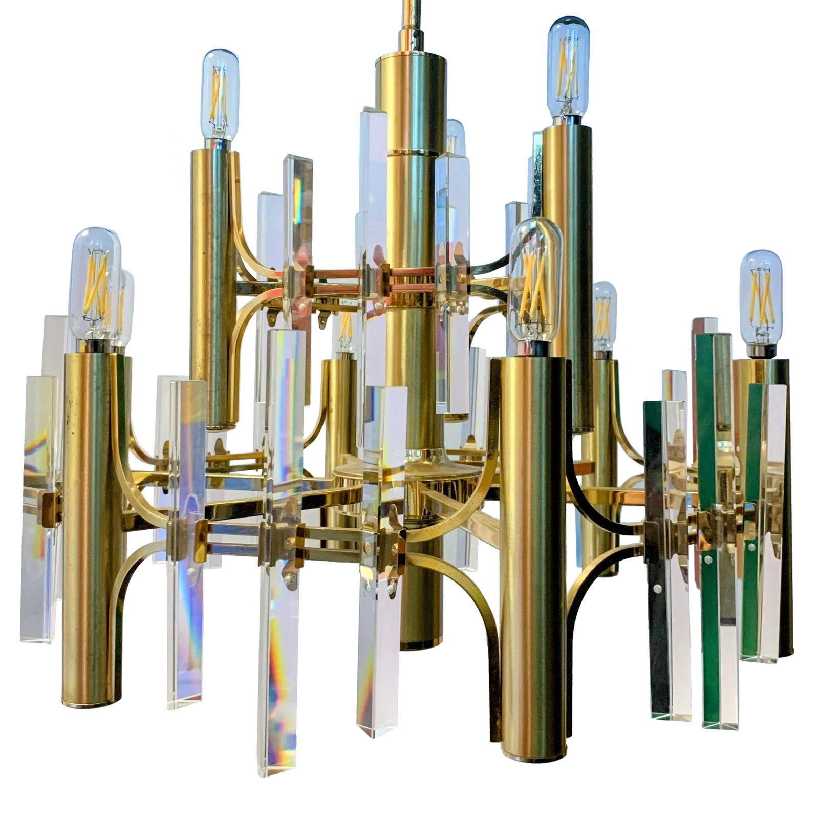 1970s Italian 9-Light Brass and Crystal Prism Chandelier Attributed to Gaetano Sciolari: This two-tiered 1970s Italian chandelier has a sexy disco look, with nine brushed-brass cylindrical lights alternated with 8" and 6" crystal rod prisms. The chandelier features polished-brass arched
