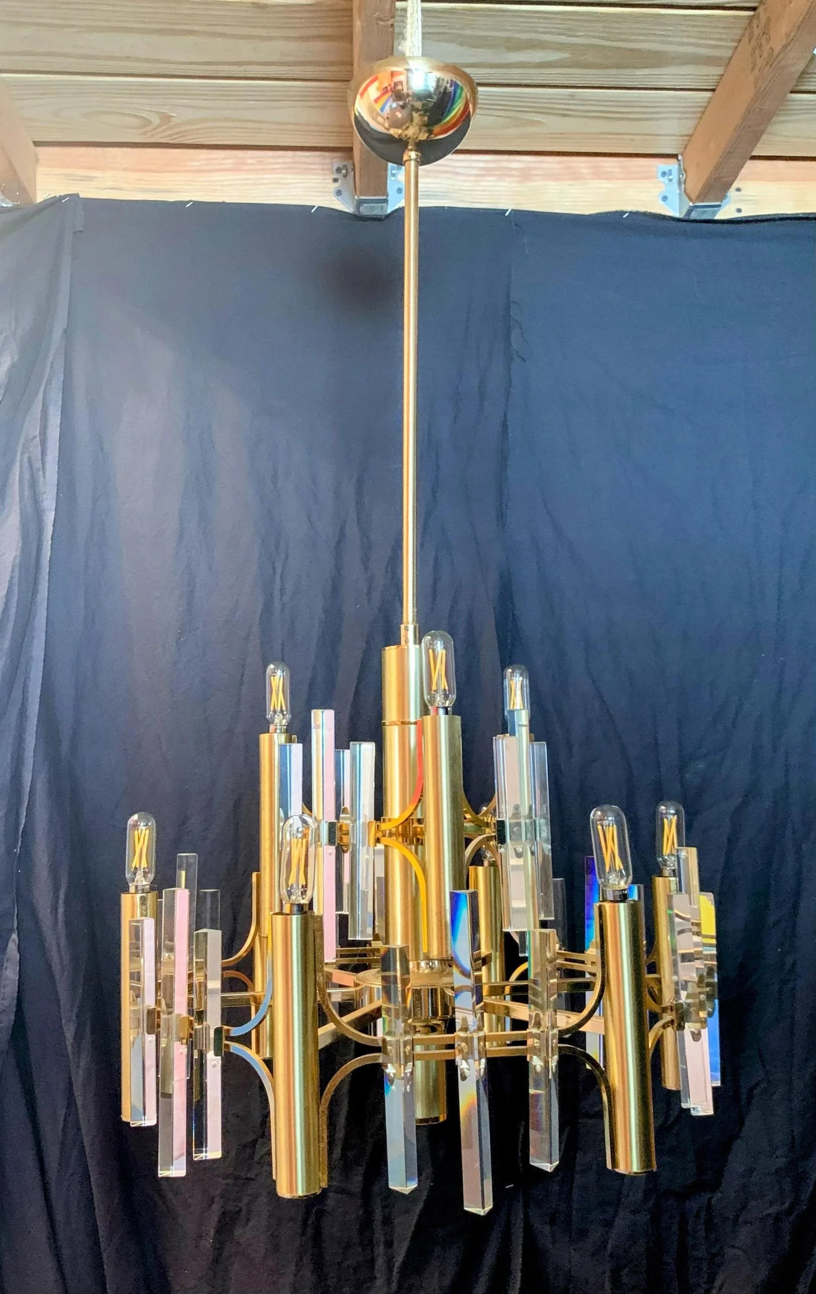 1970s Italian 9-Light Brass and Crystal Prism Chandelier Attributed to Gaetano Sciolari - 2