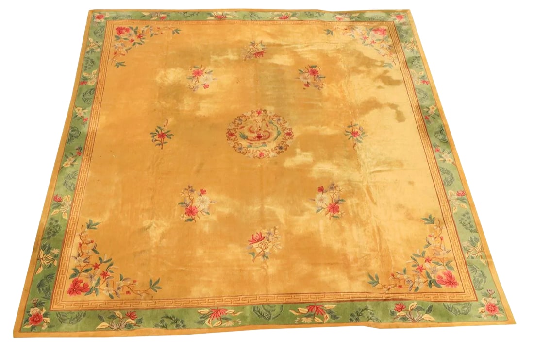 Large Antique Chinese Art Deco Hooked Rug - 17'8'' * 19'8'': One of a kind, oversized gorgeous Chinese hooked rug. Lovely coloring and soft texture. This is a masterpiece rug that is timeless and can fit into many different style homes. Definitely a conversatio
