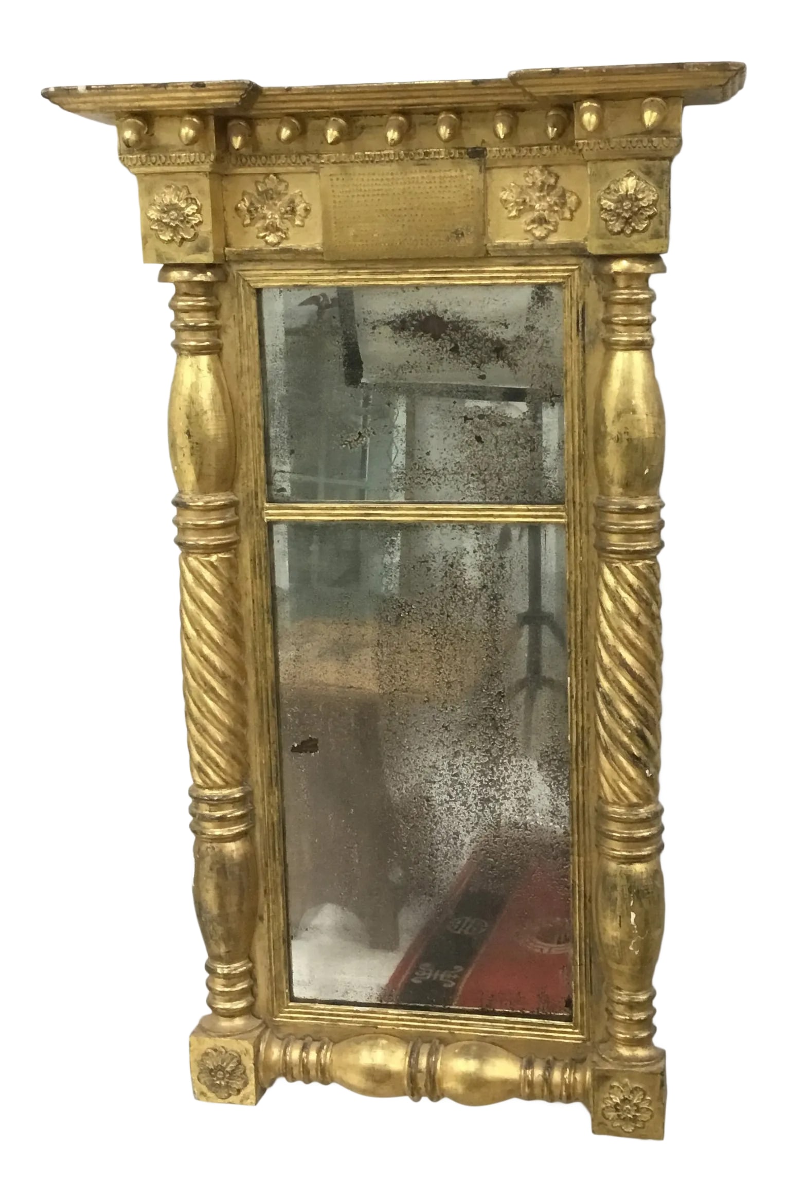 1820 Vintage American Empire Gilt Pier Mirror: Perfect period antique from local Connecticut estate. Original gold, mirror plates and back. Crest decorated with gilt acorns. Condition: Alterations: Original Condition Unaltered Imperfections: Some 