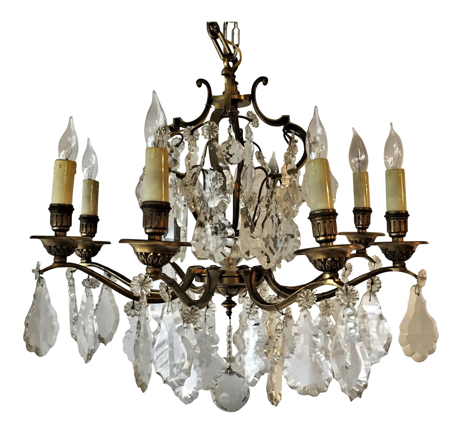 French Bronze & Cut Crystal Chandelier: French Bronze And Cut Crystal Eight-Light Chandelier. Very Good Condition (candle sleeves need to be replaced). Local Delivery Available. Condition: Condition Notes: Good - Moderate wear and tear,