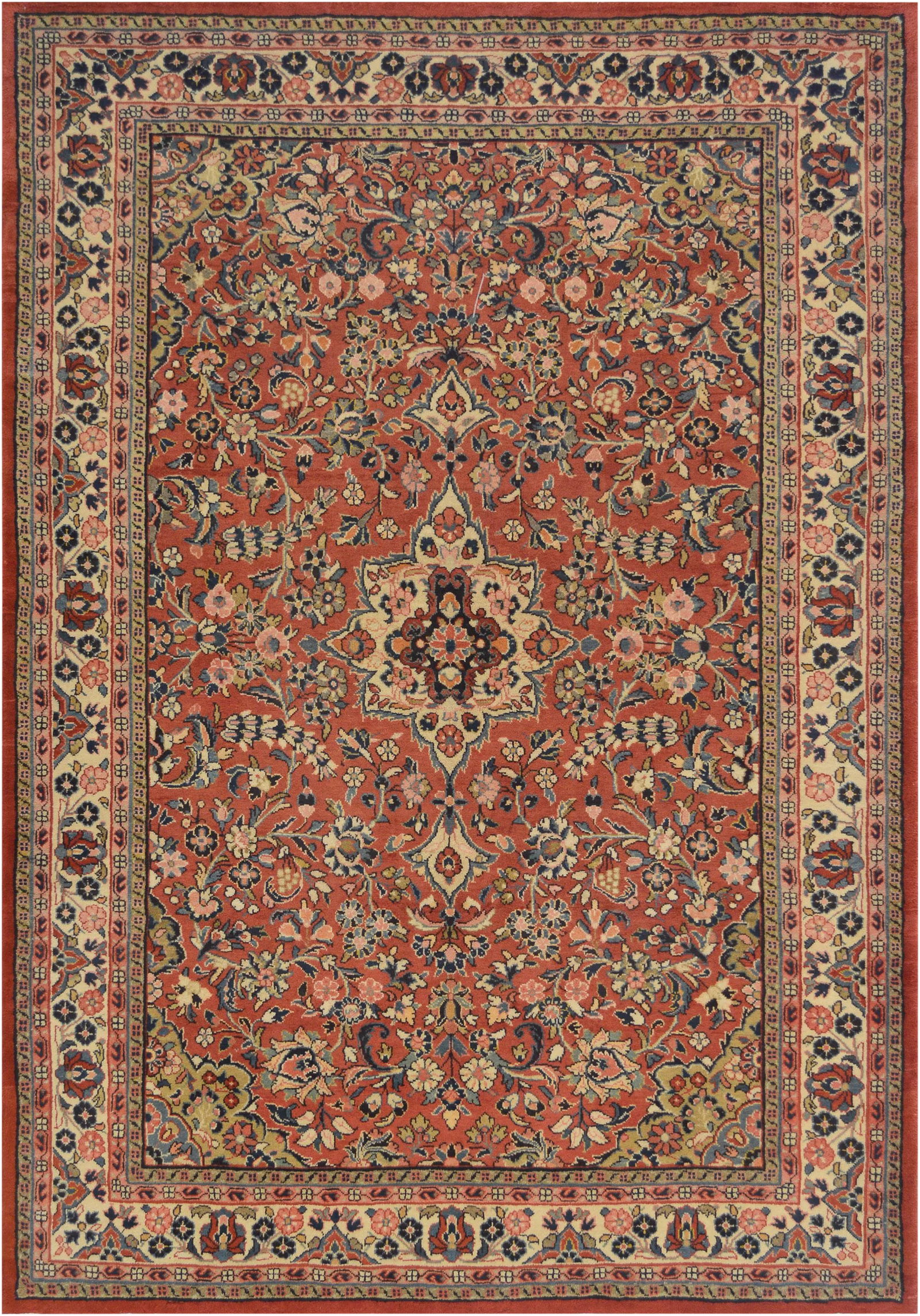 Mansour Original Persian Sarouk Rug: Genuine high quality Sarouk handwoven in Central Iran. It features the beautiful classical Persian design and rich colors. 100% fine natural Persian wool pile on cotton foundation. Condition: Alterati