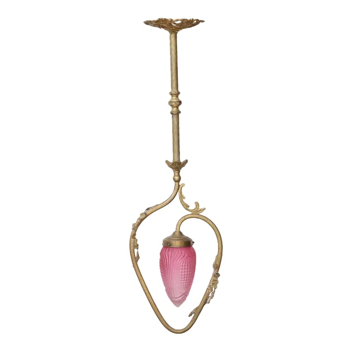 1900s French Light Pink Pendant: Elevate your space with this charming light pink chandelier from France, circa 1900. Crafted from metal, it exudes timeless elegance and French craftsmanship. The delicate hue adds a romantic touch