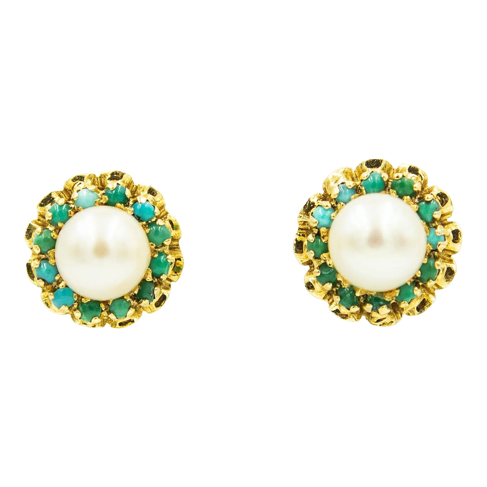Corletto Italy Cultured Pearl and Turquoise Flower Yellow Gold Button Earrings - 2 Pieces: Mid 20th Century beautifully made by Corletto in Italy. These floral button shaped earrings featuring 7 mm plus size pearl centrally set in a four prong turquoise cabochon frame within a petal shaped