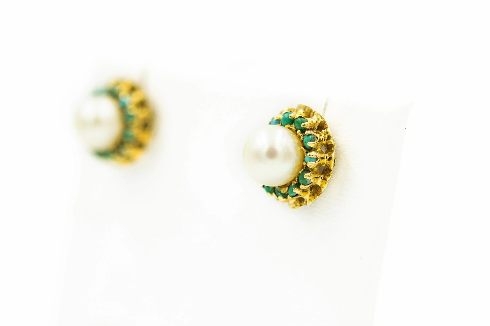 Corletto Italy Cultured Pearl and Turquoise Flower Yellow Gold Button Earrings - 2 Pieces - 2