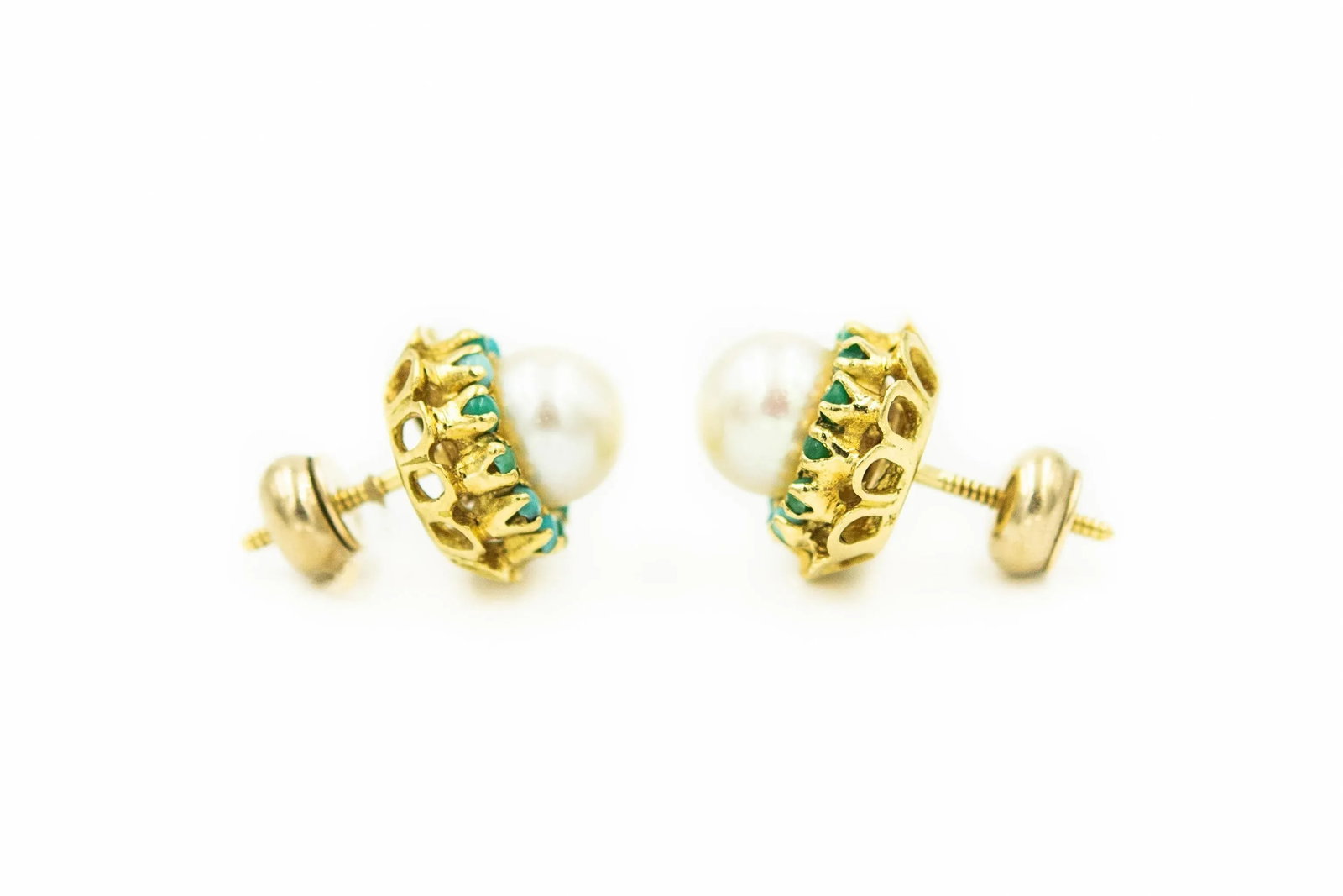 Corletto Italy Cultured Pearl and Turquoise Flower Yellow Gold Button Earrings - 2 Pieces - 3