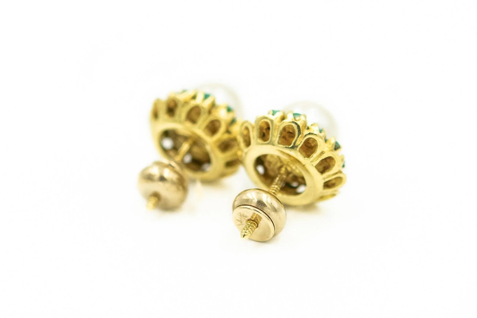Corletto Italy Cultured Pearl and Turquoise Flower Yellow Gold Button Earrings - 2 Pieces - 4