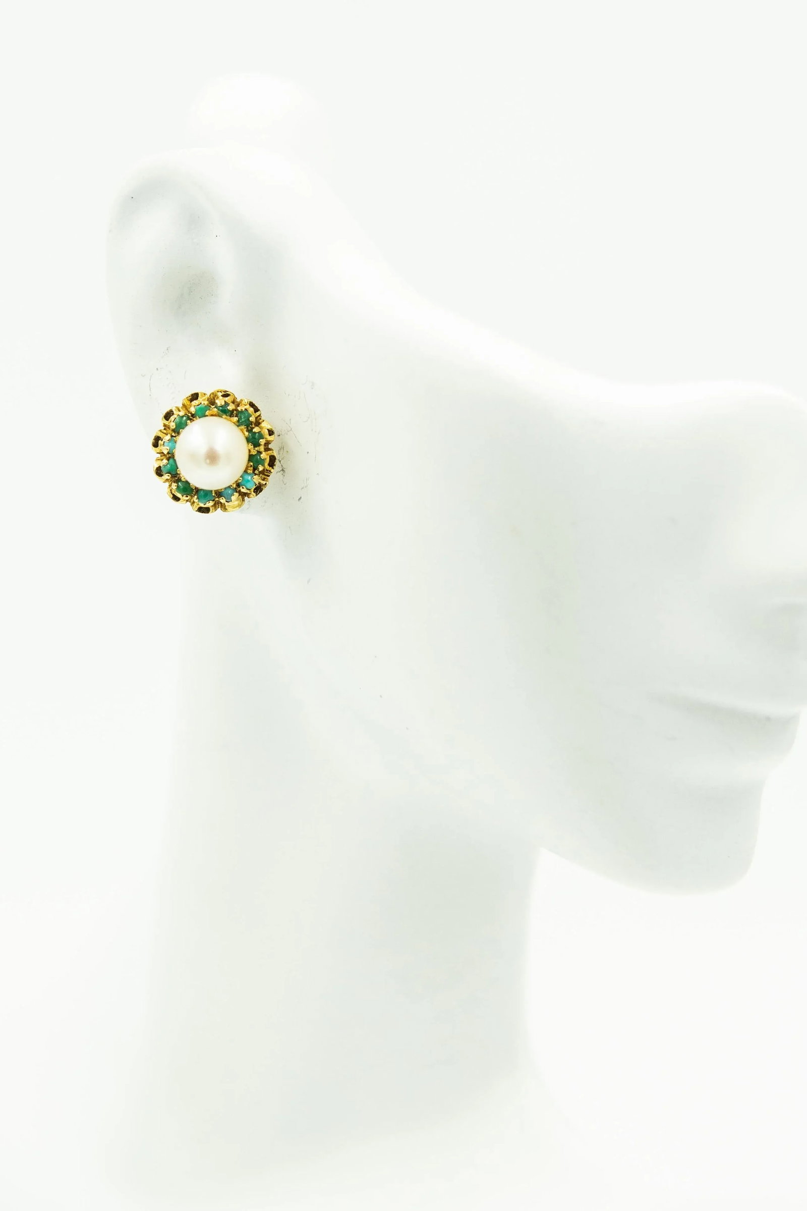 Corletto Italy Cultured Pearl and Turquoise Flower Yellow Gold Button Earrings - 2 Pieces - 5