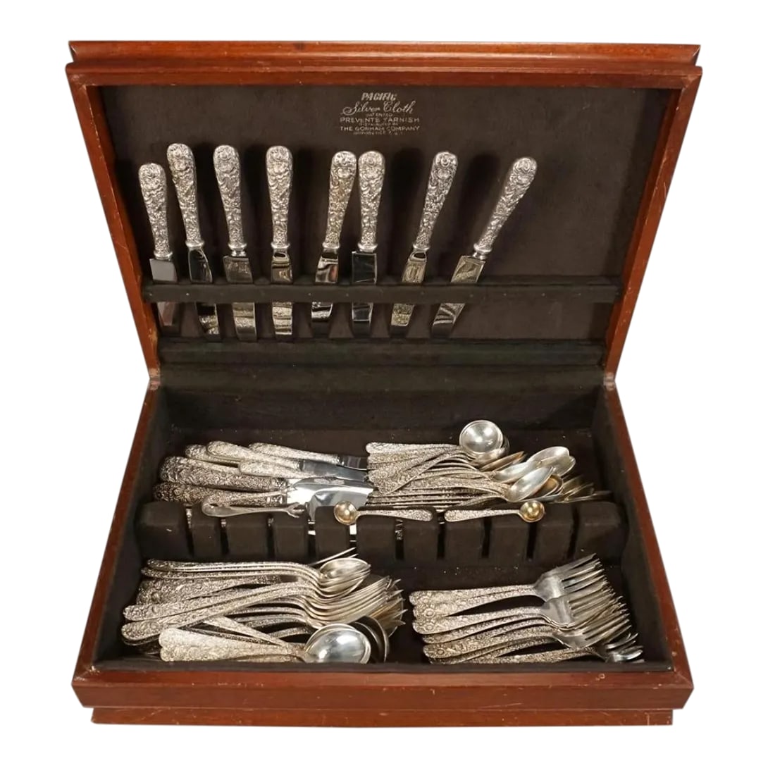 19th C. Kirk & Son "Repousse" 117-Piece Sterling Silver Flat Service, 111.8 Oz: A S. Kirk & Son, Sterling Silver Repousse set of flatware. 117 gorgeous pieces. Hand chased and hand decorated by prominent American silversmith Samuel Kirk who introduced the Repousse to the United S