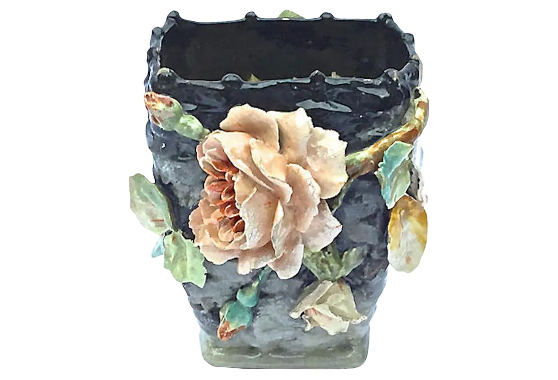 Antique French Barbotine Floral Basket Majolica Vase: Antique French Barbotine floral basketweave majolica vase with hand-painted, three-dimensional floral designs. Basket has hand-painted mottled background base finish. No maker's mark. Age wear, some c