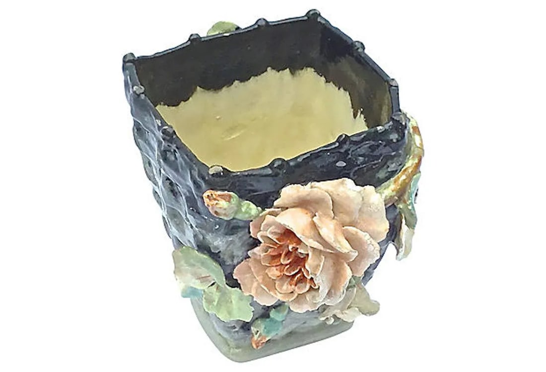 Antique French Barbotine Floral Basket Majolica Vase - 2