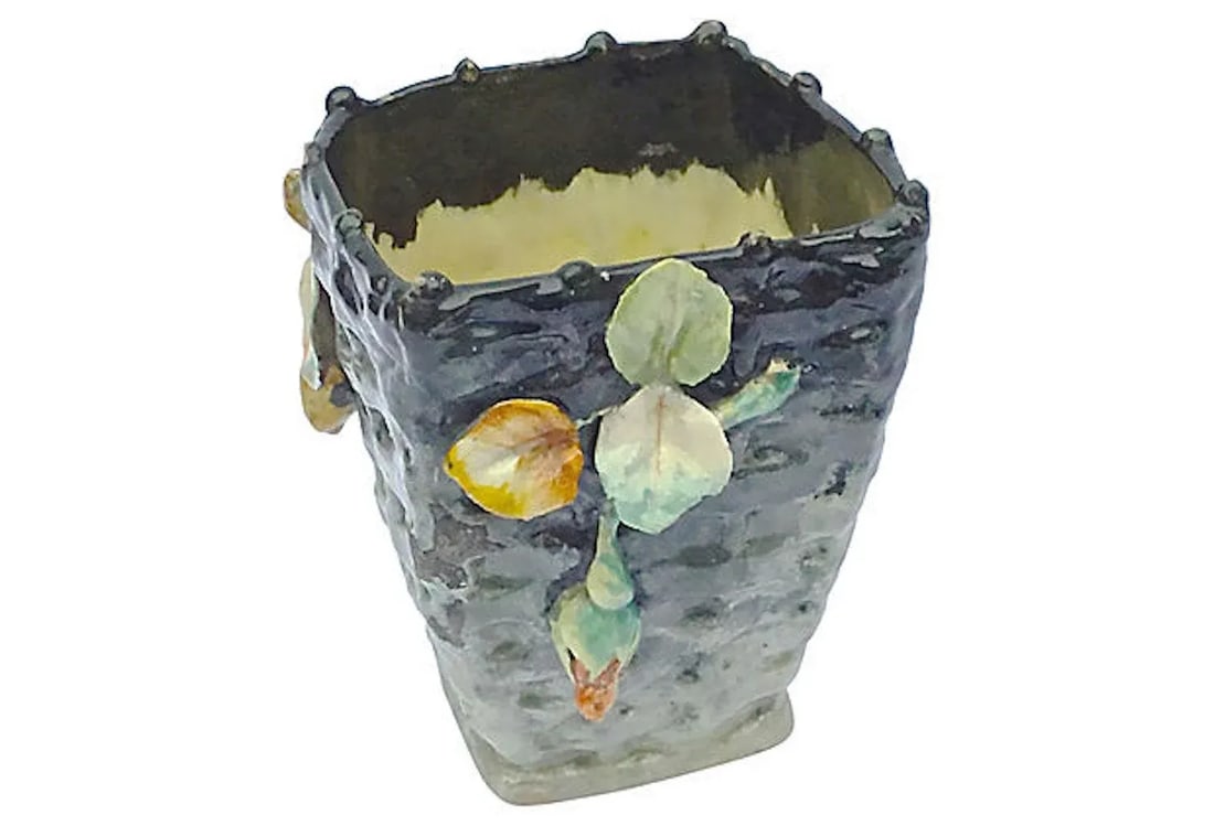 Antique French Barbotine Floral Basket Majolica Vase - 3