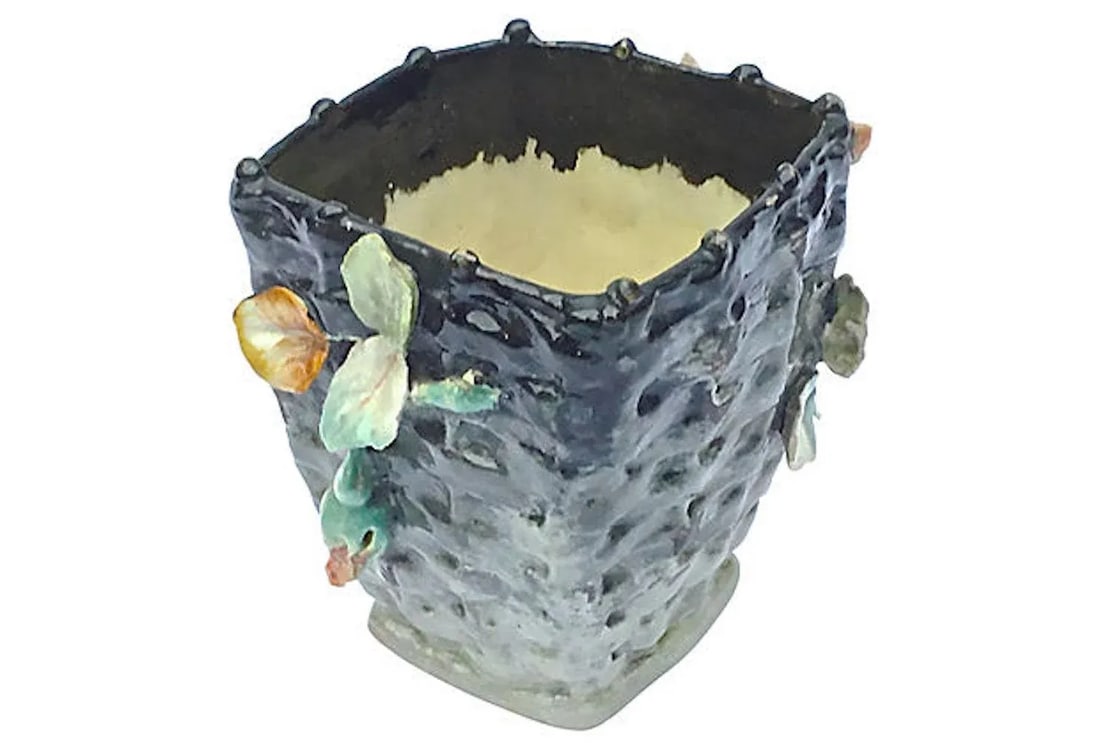 Antique French Barbotine Floral Basket Majolica Vase - 4