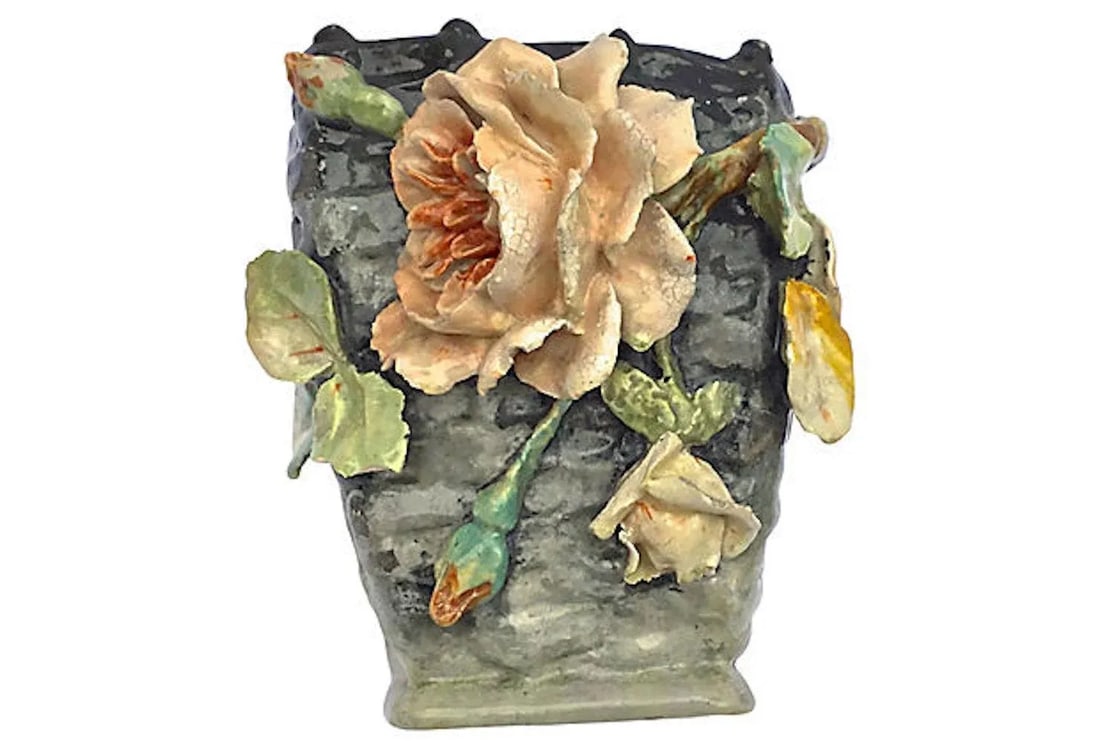 Antique French Barbotine Floral Basket Majolica Vase - 5