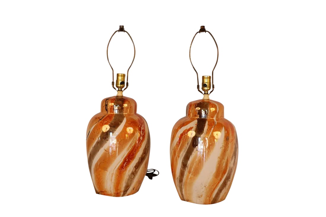 Pair Mid Century Glazed Ginger Jar Table Lamps: A beautiful classic pair of mid-century glazed ceramic, ginger jar form table lamps. Stunning pair, circa 1960's, features organic clean lines, made from a mix of natural and man-made materials,