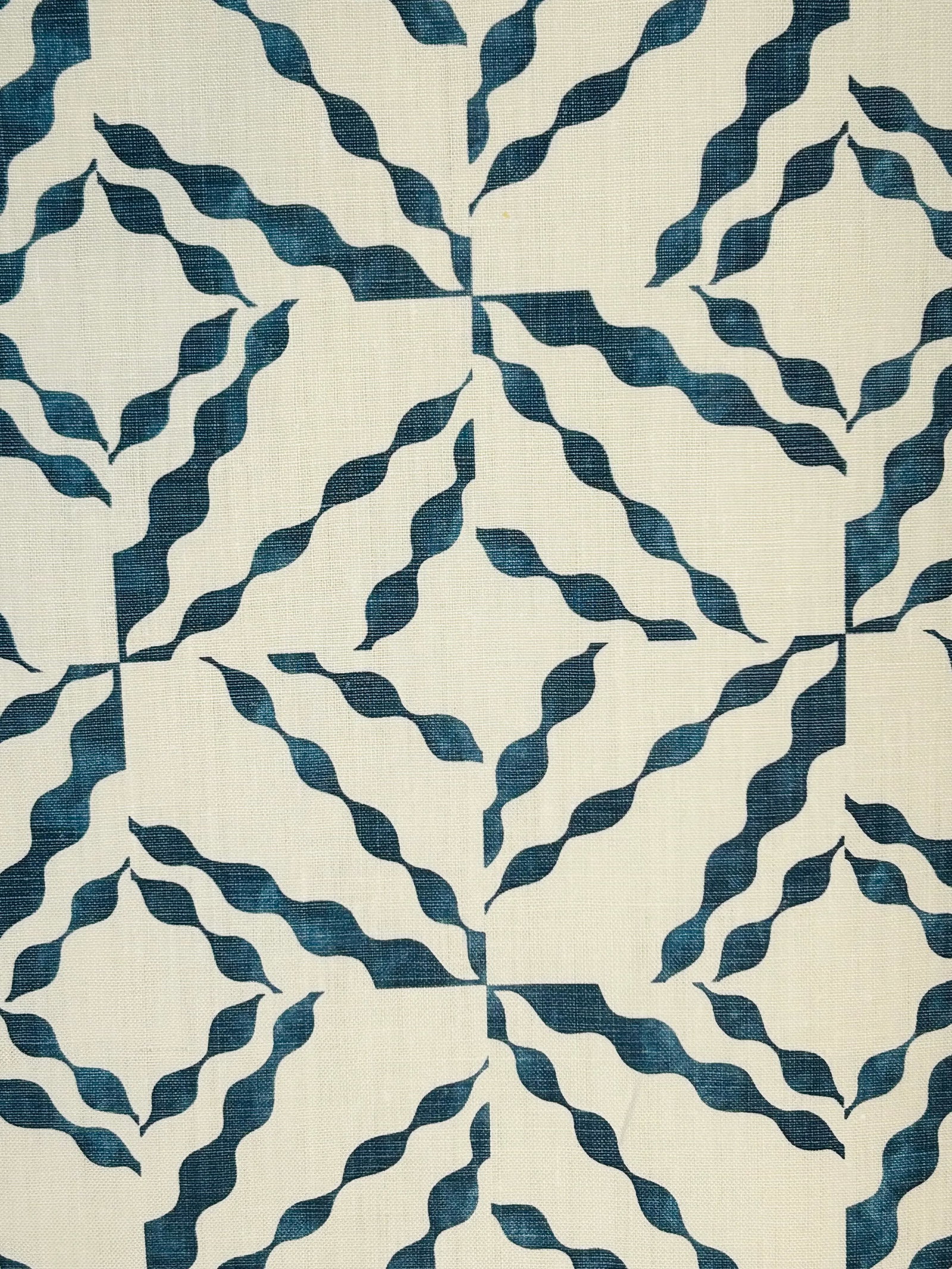 Christopher Farr Cloth "Puzzle" Print- 11 Yards: An original design with precision hand screen printing. The two flatbed screen colors of Indigo are perfectly laid on top of each other. The effect is subtle but contributes greatly of the beauty of