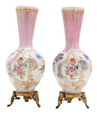 Antique French Pink Porcelain Floral Vases on Bronze Bases - a Pair: Presenting a pair of pink antique vases. Perfect for a traditional style home. Bronze base. Circa 1900. Condition: Alterations: Original Condition Unaltered Imperfections: Some Imperfections Condition
