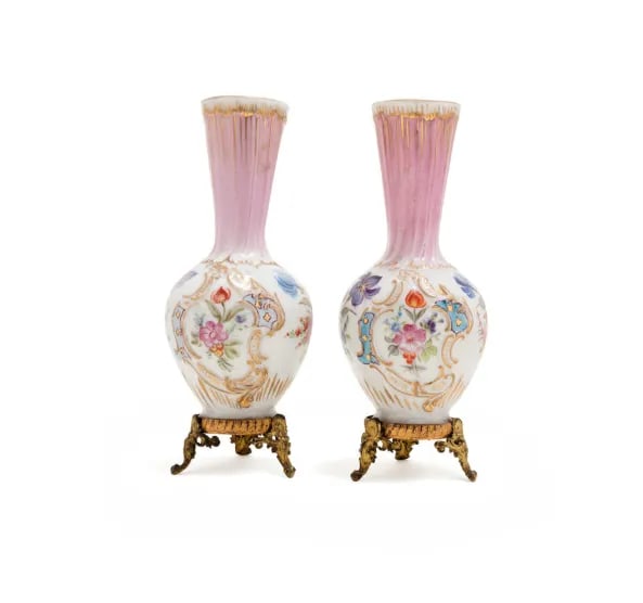 Antique French Pink Porcelain Floral Vases on Bronze Bases - a Pair - 3