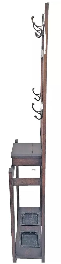 Antique 1910s Arts & Crafts Mission Oak Hall Tree Hooks, Mirror & Umbrella Stand - 12