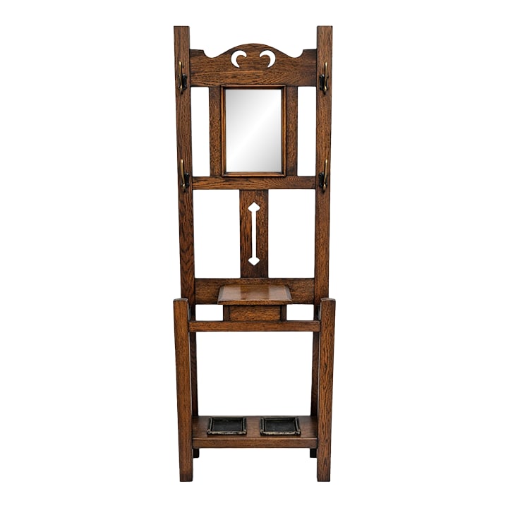 Antique 1910s Arts & Crafts Mission Oak Hall Tree Hooks, Mirror & Umbrella Stand (1 of 13)