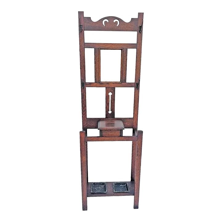Antique 1910s Arts & Crafts Mission Oak Hall Tree Hooks, Mirror & Umbrella Stand - 2
