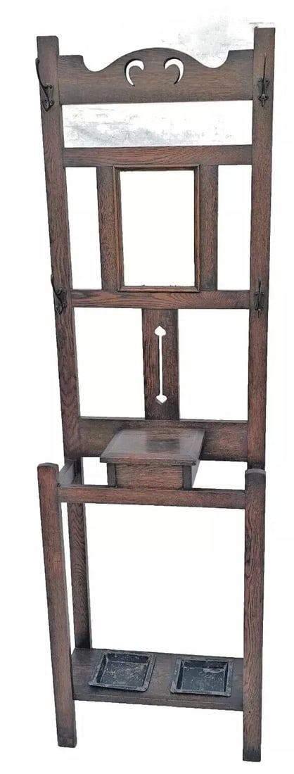 Antique 1910s Arts & Crafts Mission Oak Hall Tree Hooks, Mirror & Umbrella Stand - 3