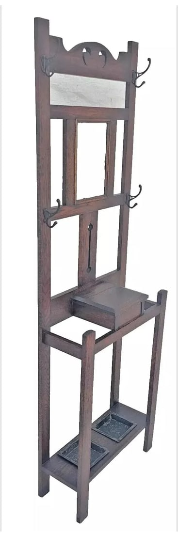 Antique 1910s Arts & Crafts Mission Oak Hall Tree Hooks, Mirror & Umbrella Stand - 4