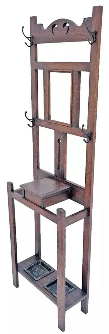 Antique 1910s Arts & Crafts Mission Oak Hall Tree Hooks, Mirror & Umbrella Stand - 5