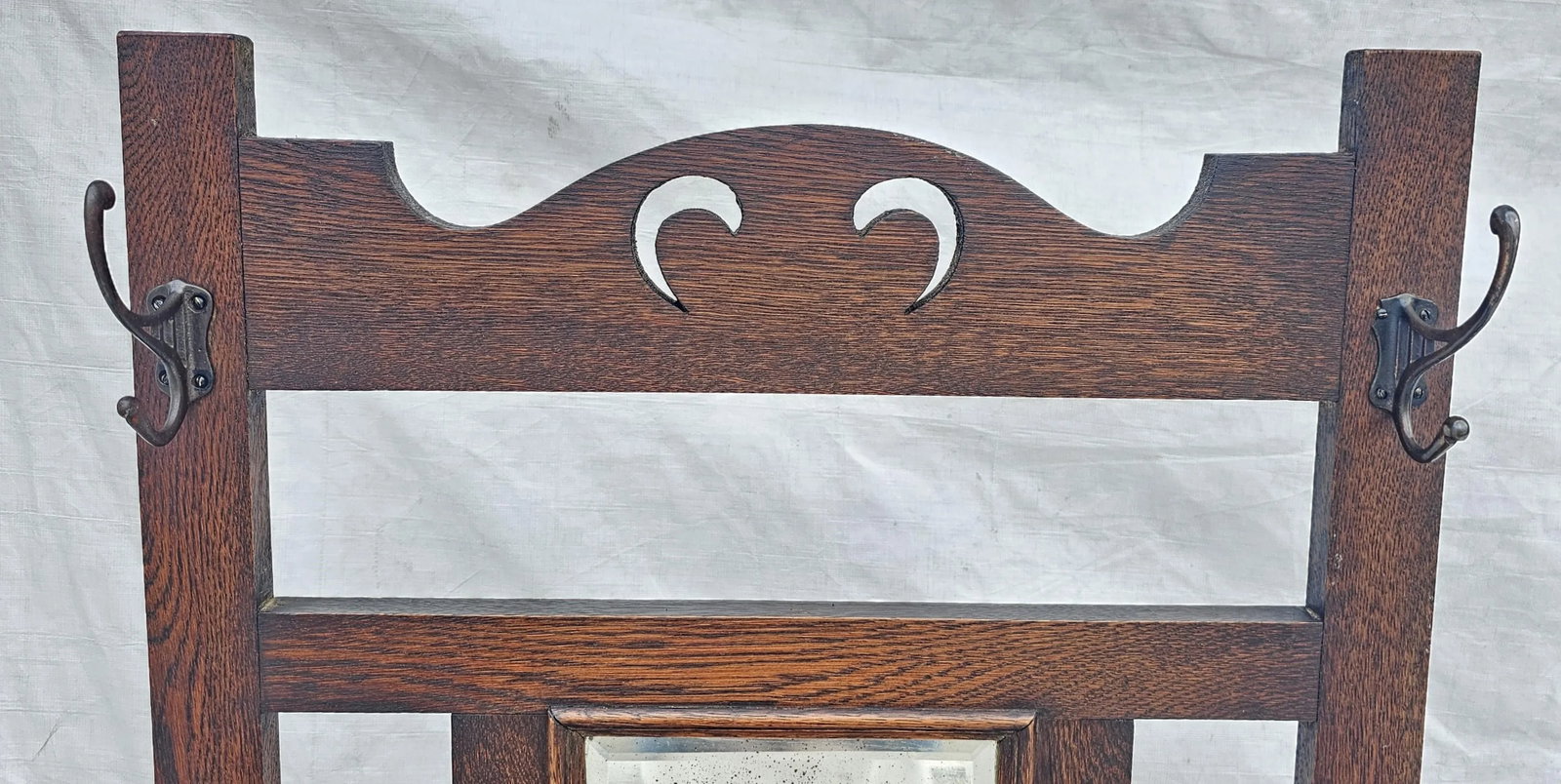 Antique 1910s Arts & Crafts Mission Oak Hall Tree Hooks, Mirror & Umbrella Stand - 7