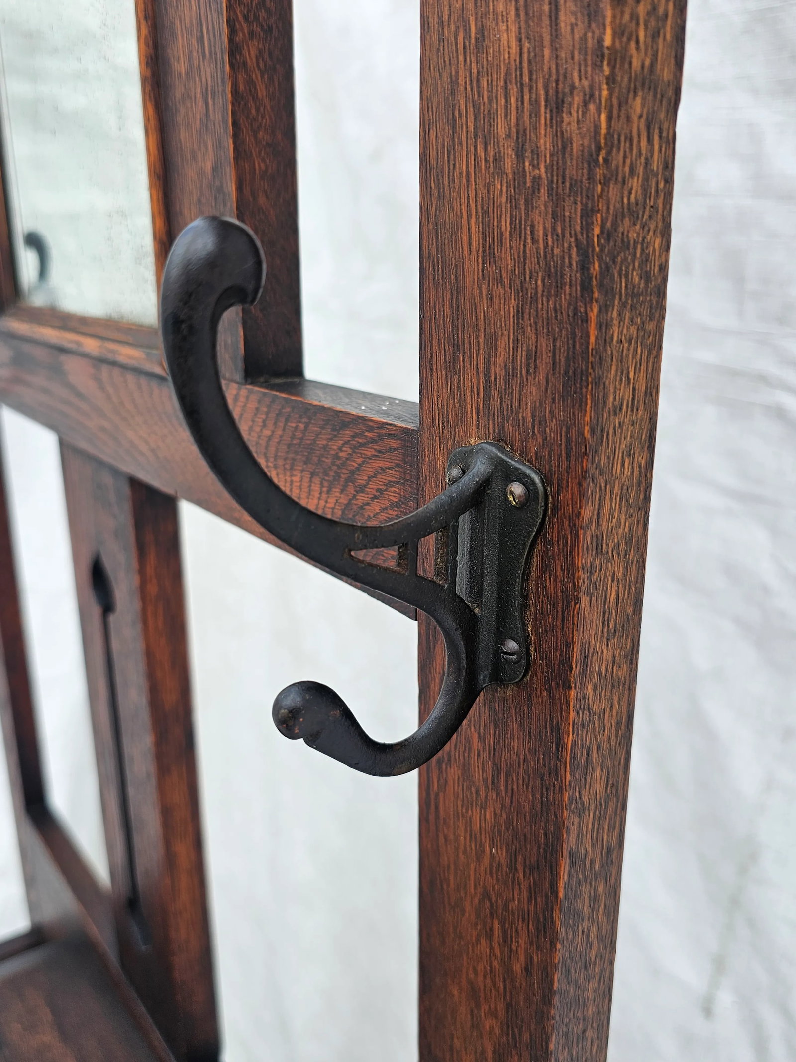 Antique 1910s Arts & Crafts Mission Oak Hall Tree Hooks, Mirror & Umbrella Stand - 8