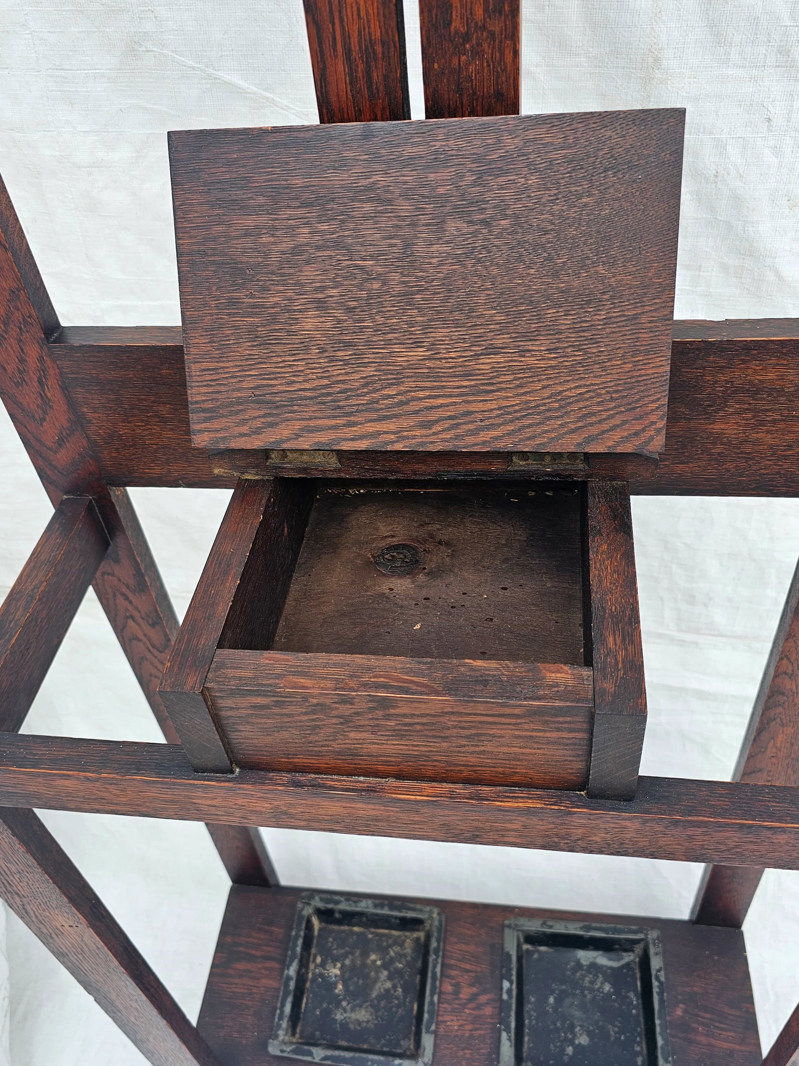 Antique 1910s Arts & Crafts Mission Oak Hall Tree Hooks, Mirror & Umbrella Stand - 9