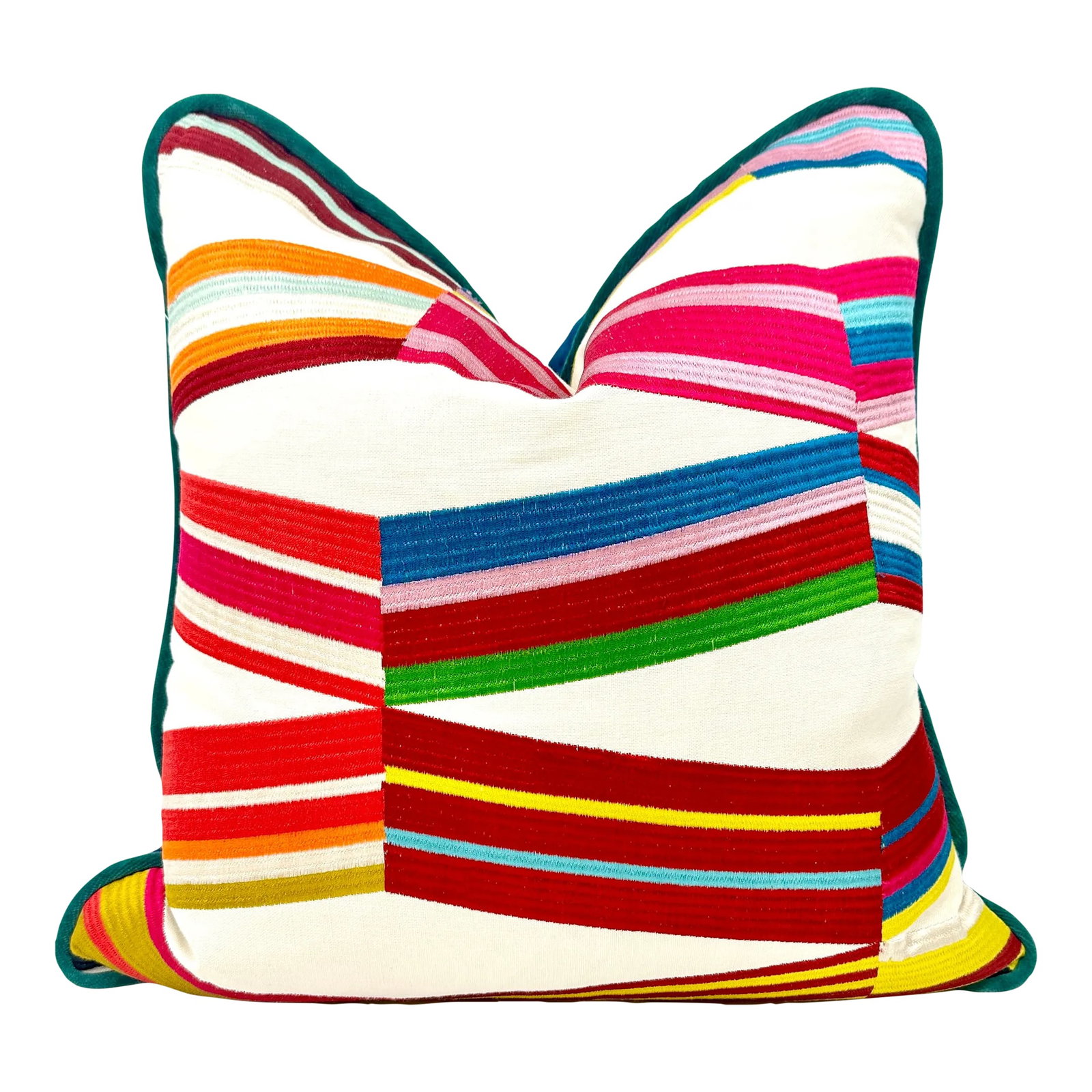 Pierre Frey Multicolor Carriacou Throw Pillow: Beautiful custom made throw pillow in Pierre Frey Multicolore Carriacou fabric. Back is a blue velvet. Teal velvet welt. Hidden zipper closure. Down blend insert. 18" x 18". A lovely accent pillow.