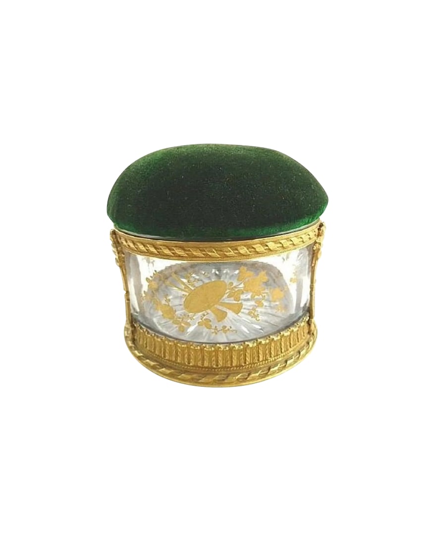 Antique French Crystal Dresser Box With Pin Cushion / Velvet Pin Holder / Hand Painted Gilt Details: Impressive round crystal and dore pin cushion with box/vitrine featuring gilt painted scenes on all sides. Wreaths, flowing flowers, and arrow quivers add visual interest. Lovely gilt painted work tha